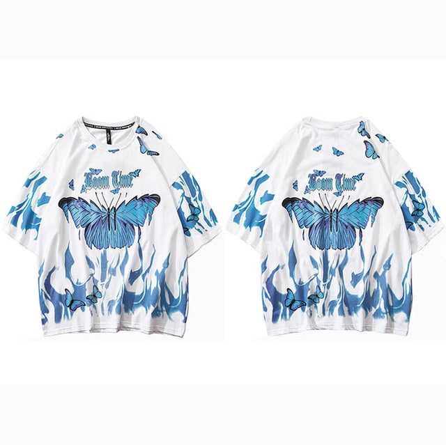 Mens Hip Hop T Shirts Blue Fire Flame Butterfly Streetwear Tshirt  Harajuku Summer Short Sleeve T-Shirt Cotton Tops Tees