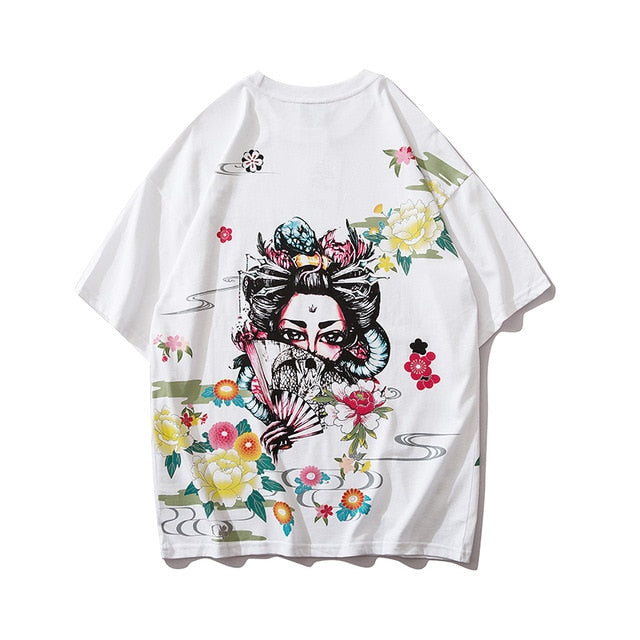 Japanese Geisha Tshirt Streetwear Short Sleeve T Shirt Japan Cotton Tops Tees Men Harajuku Hip Hop T-Shirt