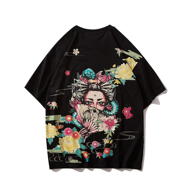 Japanese Geisha Tshirt Streetwear Short Sleeve T Shirt Japan Cotton Tops Tees Men Harajuku Hip Hop T-Shirt