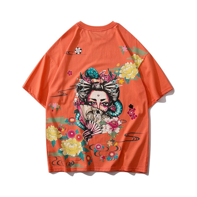 Japanese Geisha Tshirt Streetwear Short Sleeve T Shirt Japan Cotton Tops Tees Men Harajuku Hip Hop T-Shirt