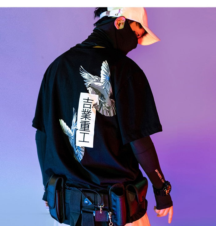 Japanese Harajuku T Shirts Men/Women SS Peace Dove Print Hip Hop Streetwear Oversize Short Sleeve Shirtrs